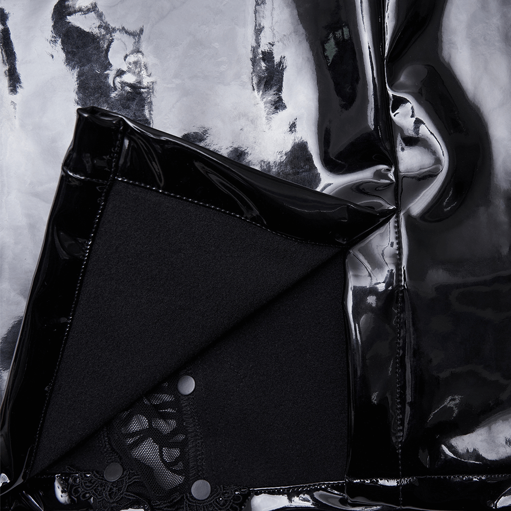 Close-up of Gothic Patent Leather Skirt with Lace and Rivet Details showcasing glossy fabric and lace panel.