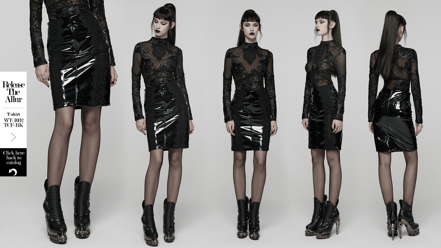 Gothic Patent Leather Skirt with Lace and Rivet Details showcased in edgy black design with mesh panels and rivets.