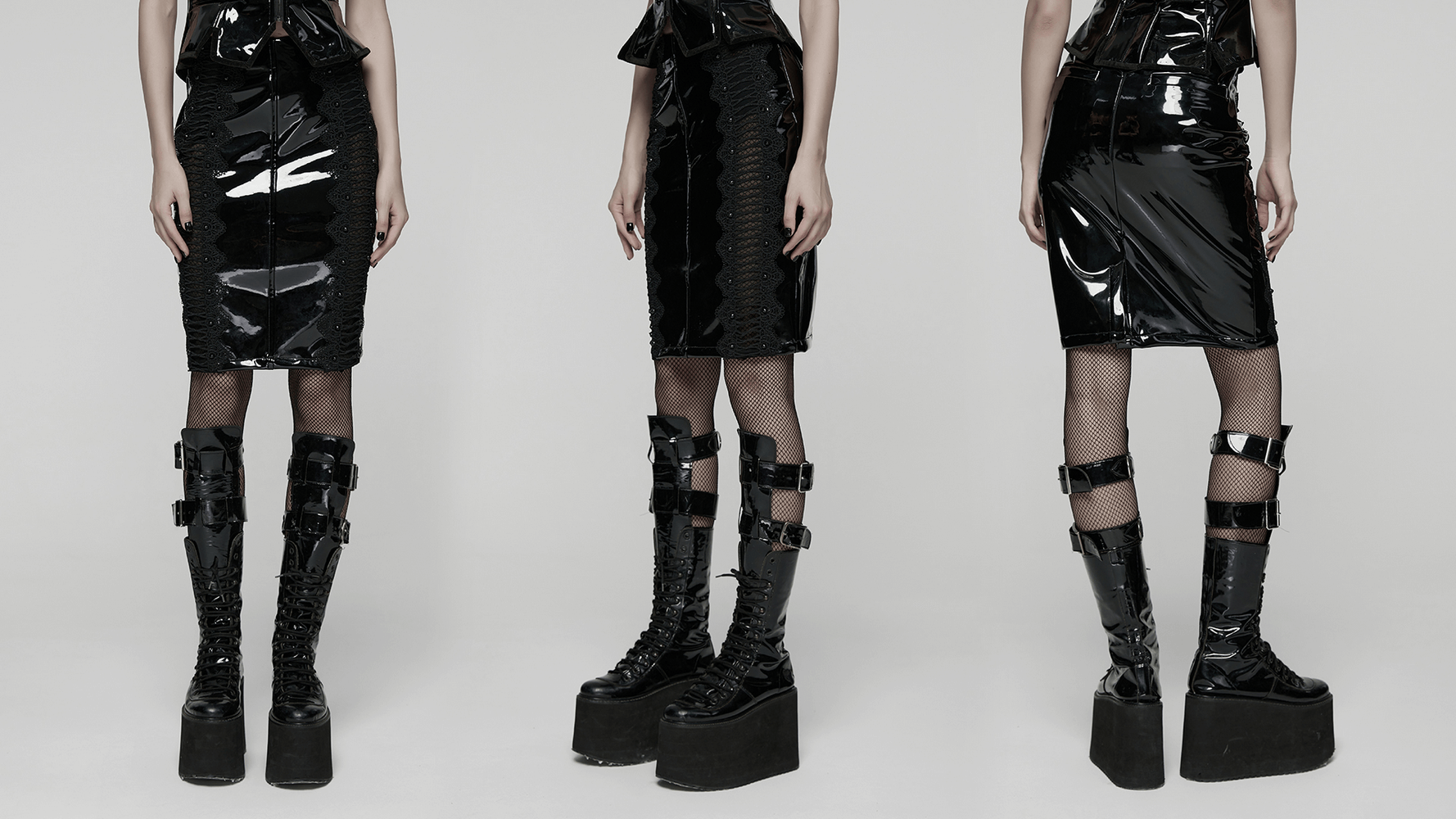 Gothic Patent Leather Skirt with Lace and Rivet Details showcased with edgy platform boots and mesh panels.
