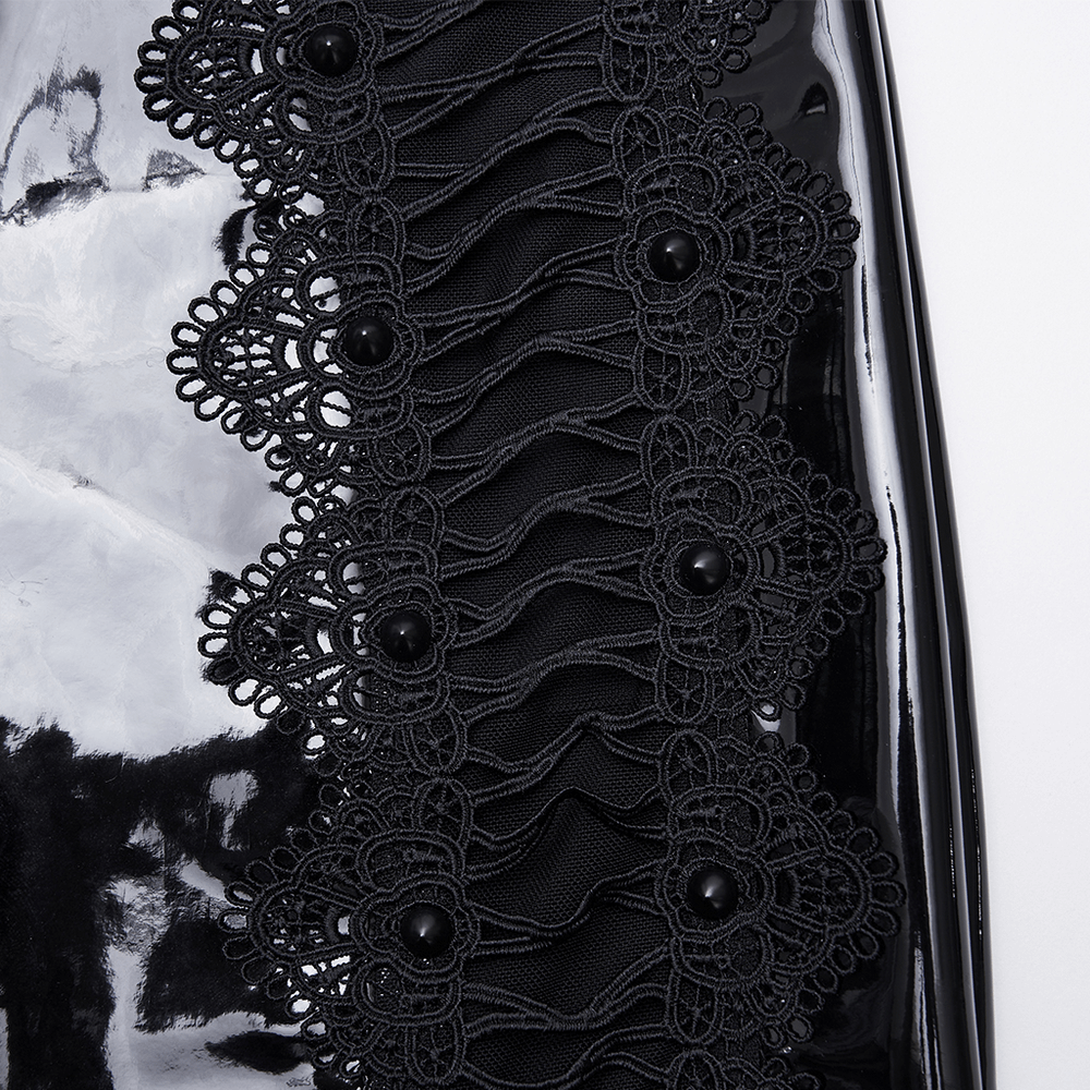 Gothic Patent Leather Skirt with Lace and Rivet Details featuring intricate lace panels and glossy finish.