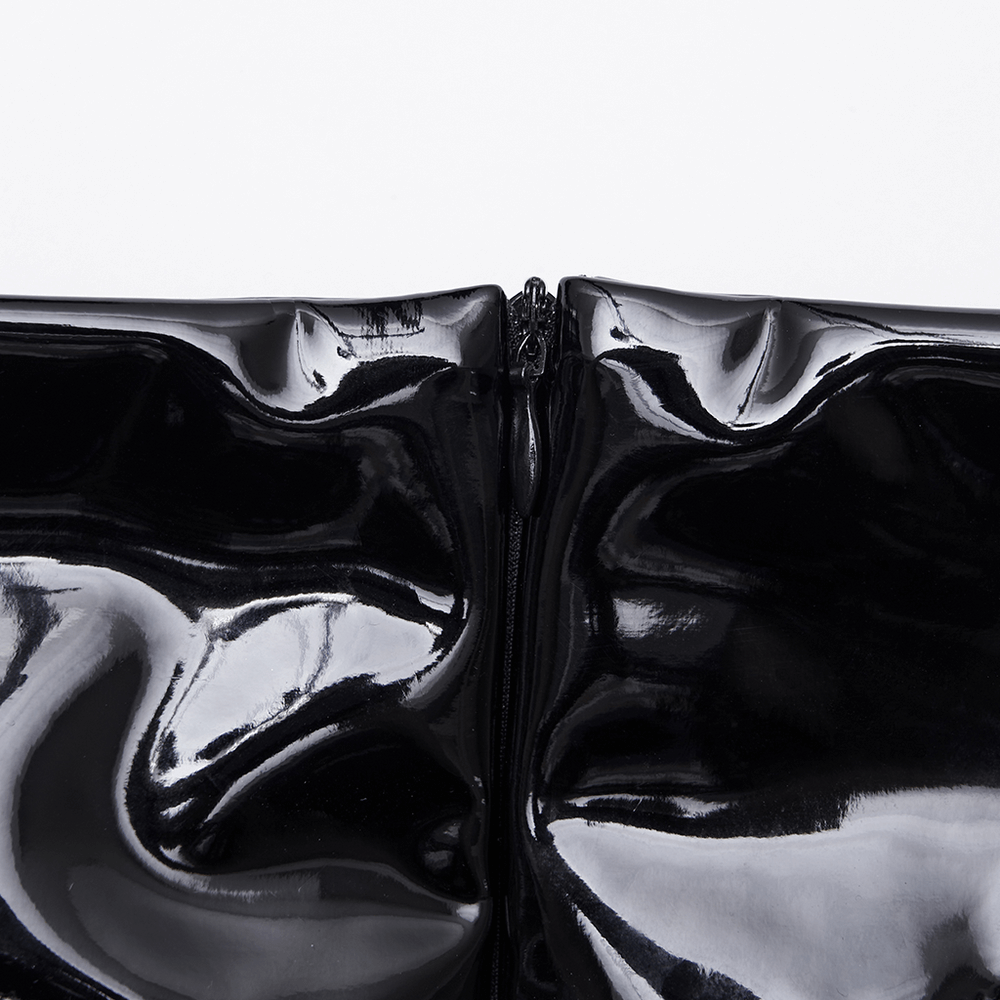 Close-up of the zipper detail on the Gothic Patent Leather Skirt with Lace and Rivet Details, showcasing glossy material.