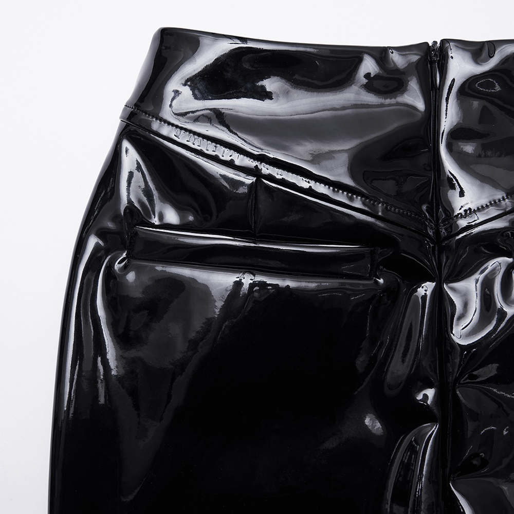 Gothic Patent Leather Skirt with Lace and Rivet Details close-up showcasing glossy texture and pocket detail.