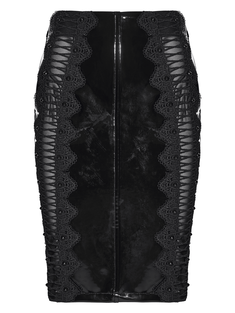 Gothic Patent Leather Skirt with Lace and Rivet Details featuring lace panels and a back zipper.