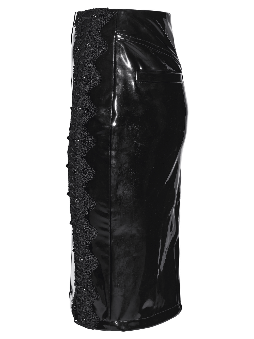 Gothic Patent Leather Skirt with Lace and Rivet Details displayed from the side, featuring lace panels and pockets.