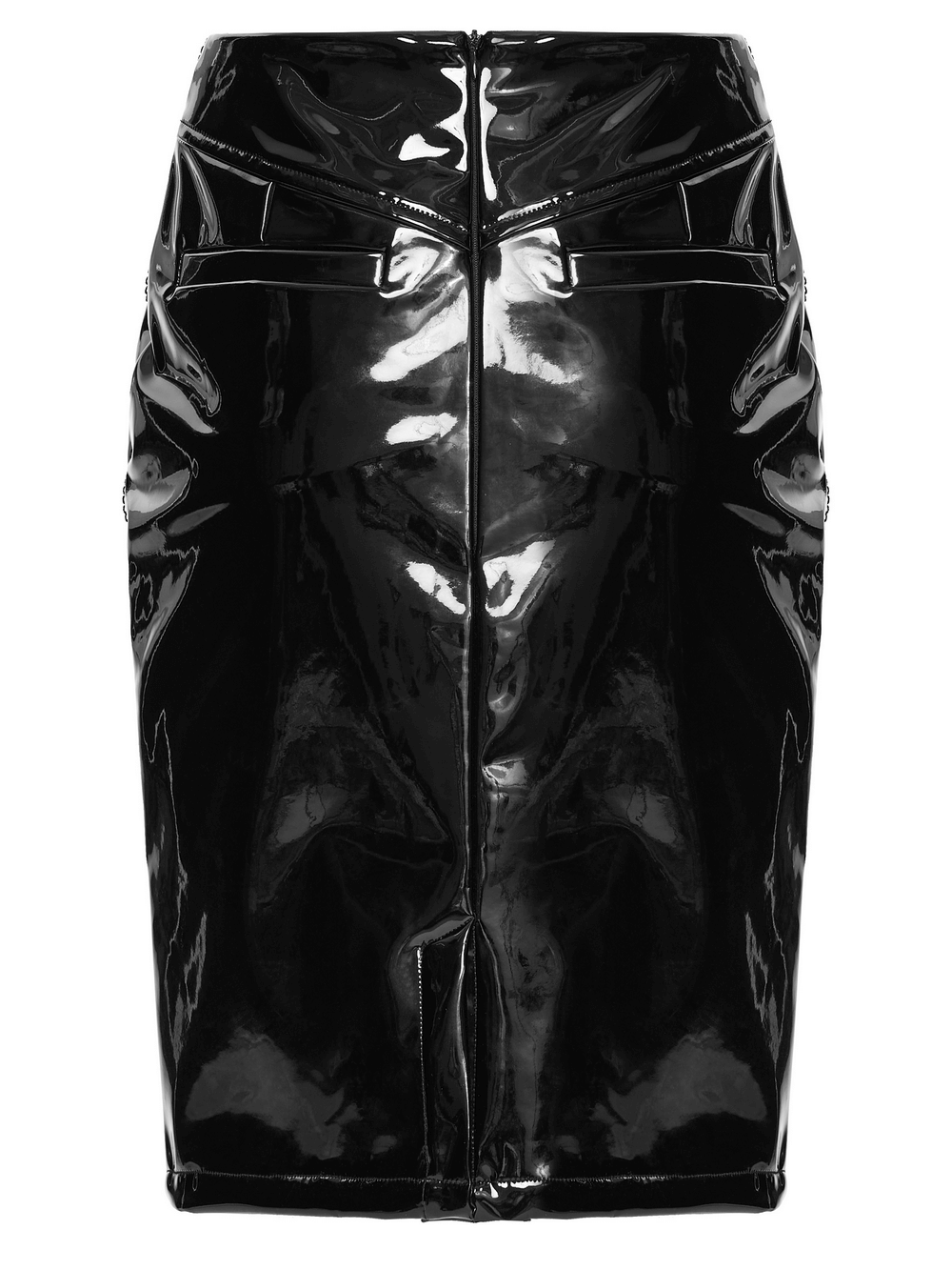 Gothic Patent Leather Skirt with Lace and Rivet Details featuring a sleek black design.