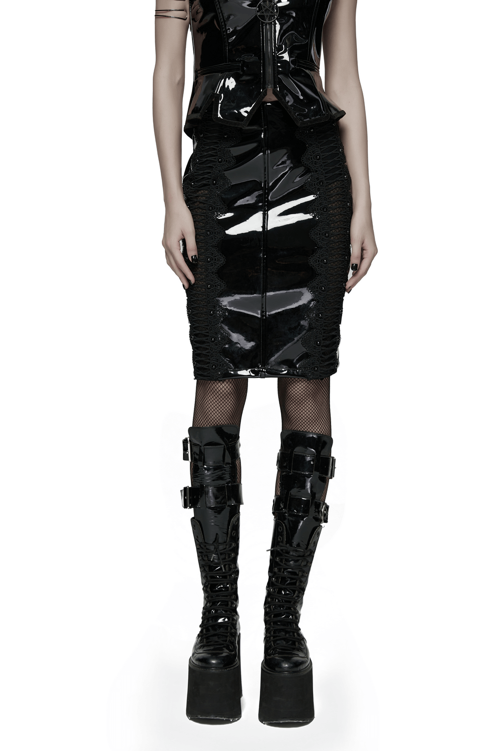 Gothic Patent Leather Skirt with Lace and Rivet Details featuring mesh panels and stylish tall boots.