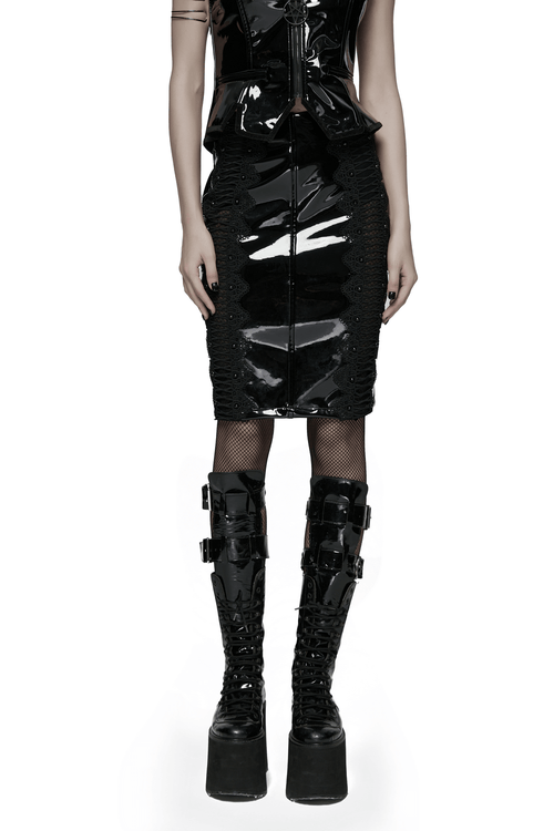 Gothic Patent Leather Skirt with Lace and Rivet Details