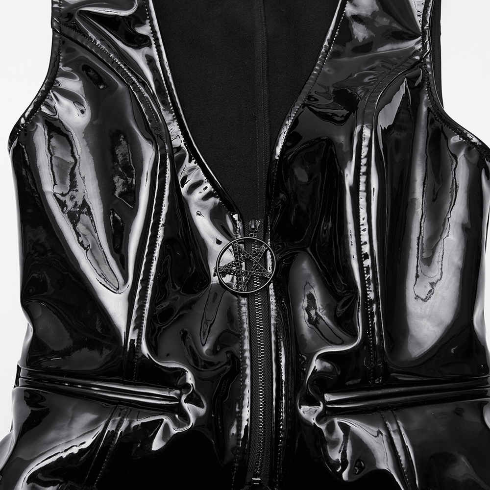 Gothic Patent Leather Vest with Punk Star Detail showcasing sleek black finish and unique star pendant.