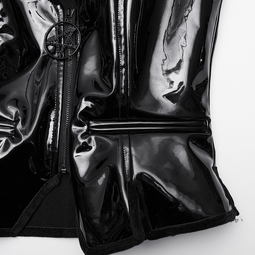 Gothic Patent Leather Vest with Punk Star Detail featuring a shiny finish and bold hem design with hollow star pendant.