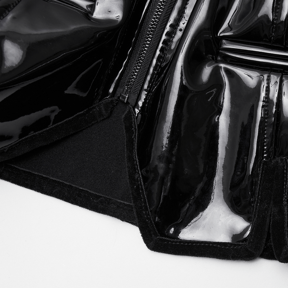 Close-up of Gothic Patent Leather Vest with Punk Star Detail showcasing shiny finish and unique hemline.