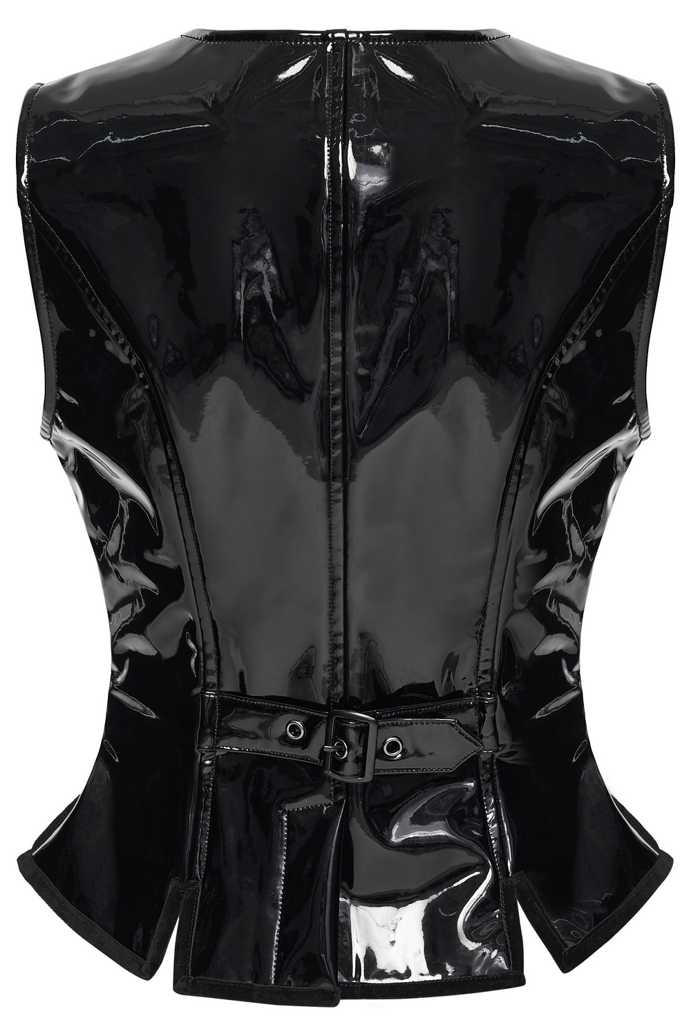 Gothic Patent Leather Vest with Punk Star Detail showcasing a sleek black back design and stylish belted hem.