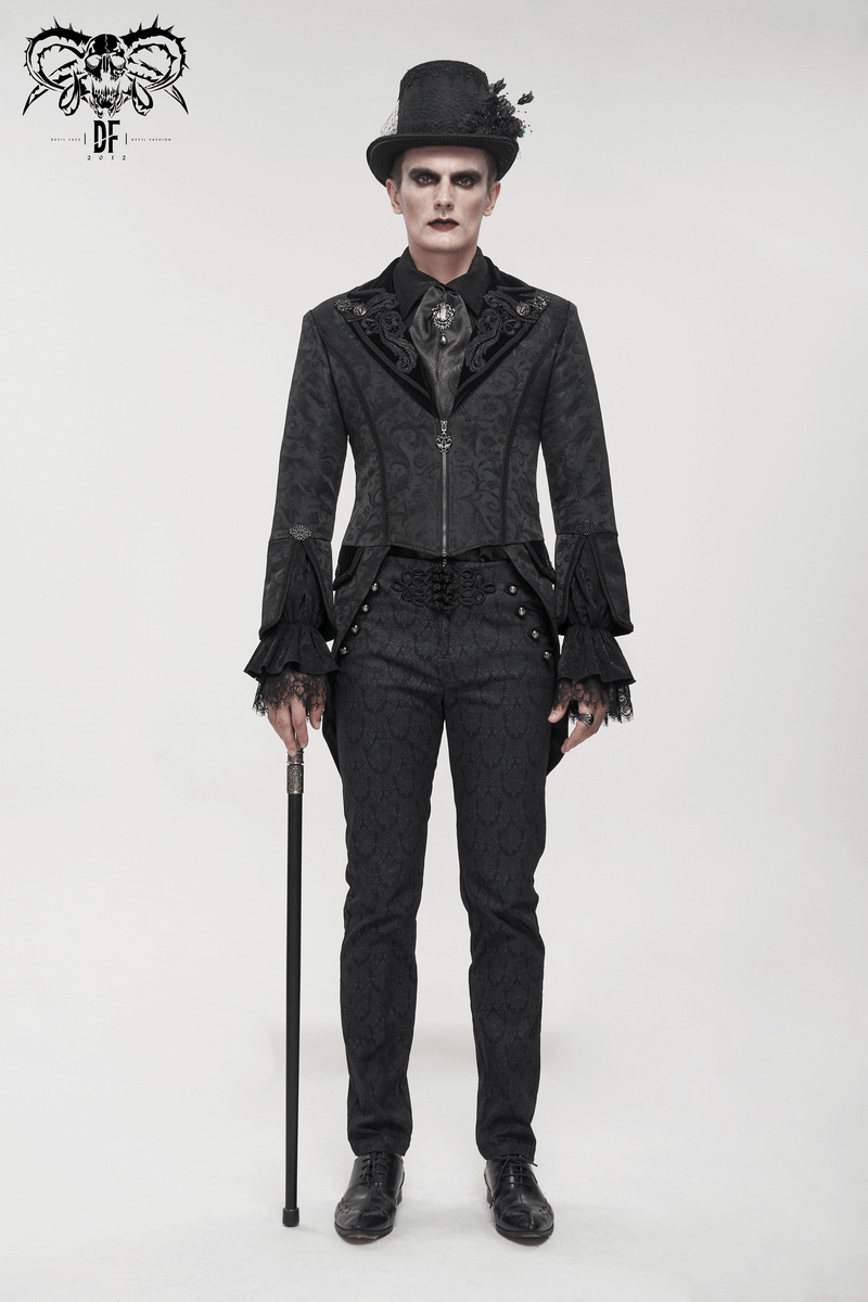 Men's Gothic pattern swallowtail coat with flared sleeves, stylish hat, featuring vintage elegance in black.