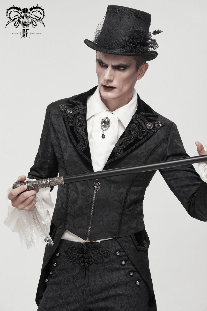 Men's gothic style coat with flared sleeves, black vintage pattern, and elegant accessories, perfect for a dramatic look.