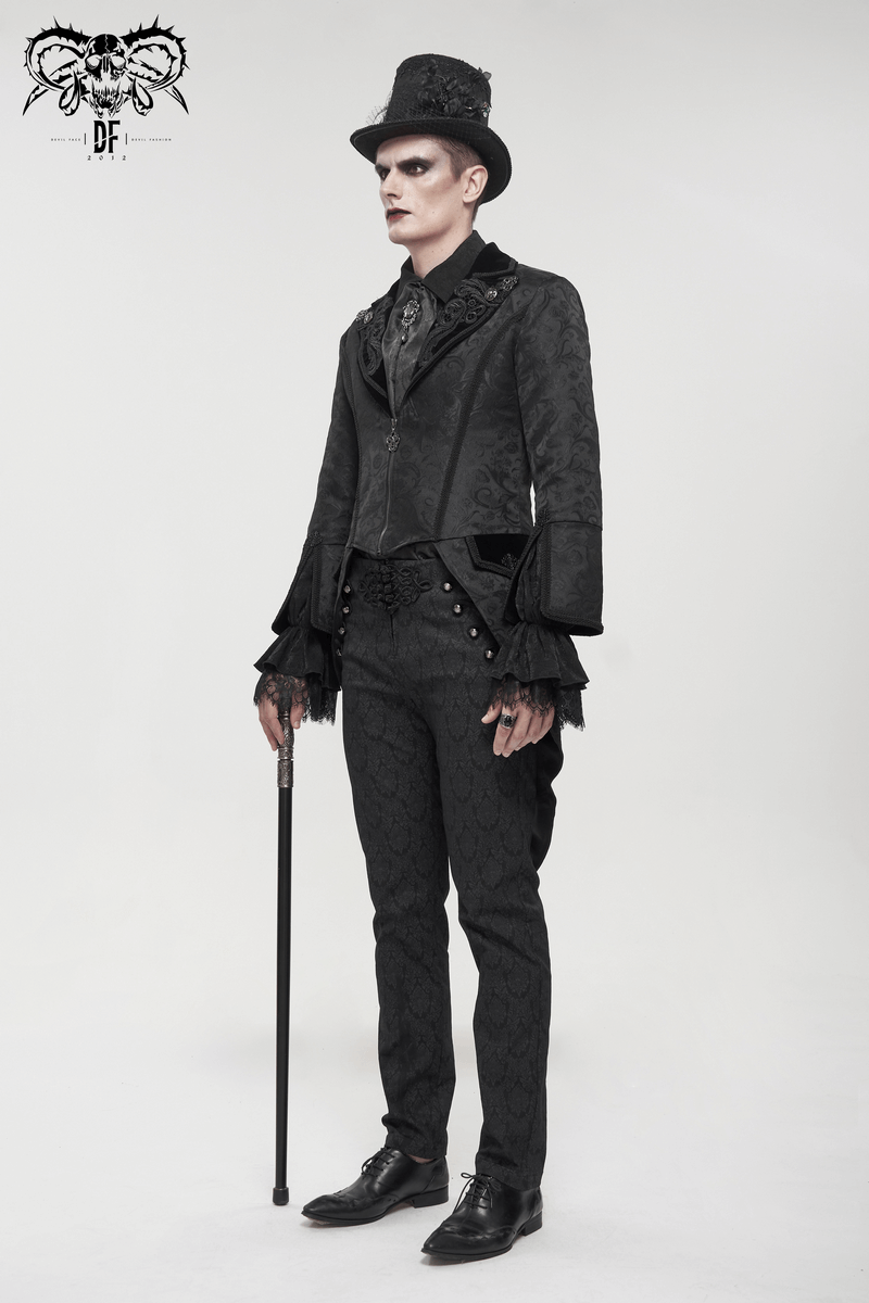 Elegant gothic men's coat with flared sleeves and vintage pattern, styled for a dark, sophisticated look.