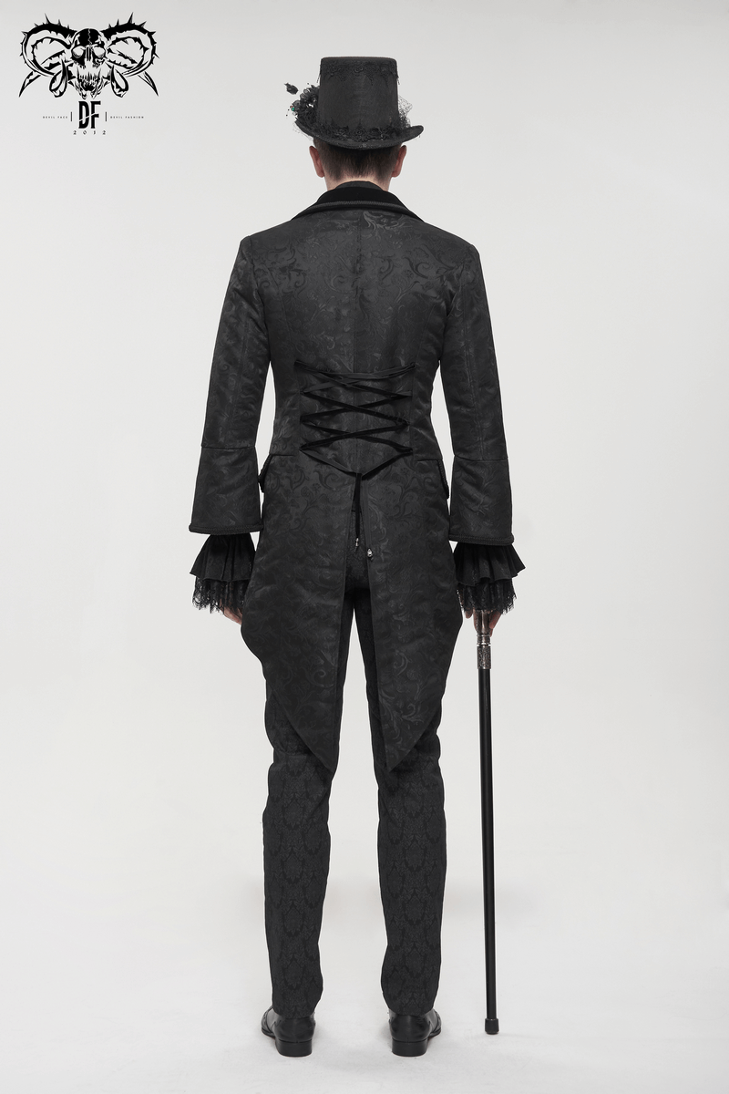 Back view of a men's Gothic pattern swallowtail coat with flared sleeves and a top hat, perfect for elegant vintage style.