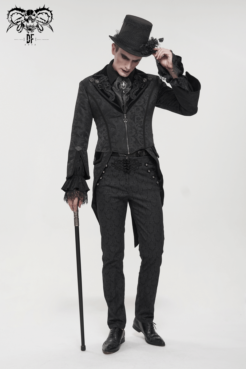 Elegant men's Gothic coat with flared sleeves, vintage pattern, and top hat, perfect for formal occasions.