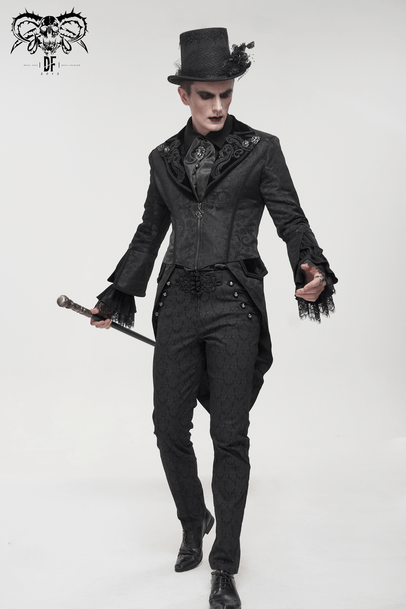 Elegant gothic style men's coat with flared sleeves and vintage patterns, worn with a top hat.