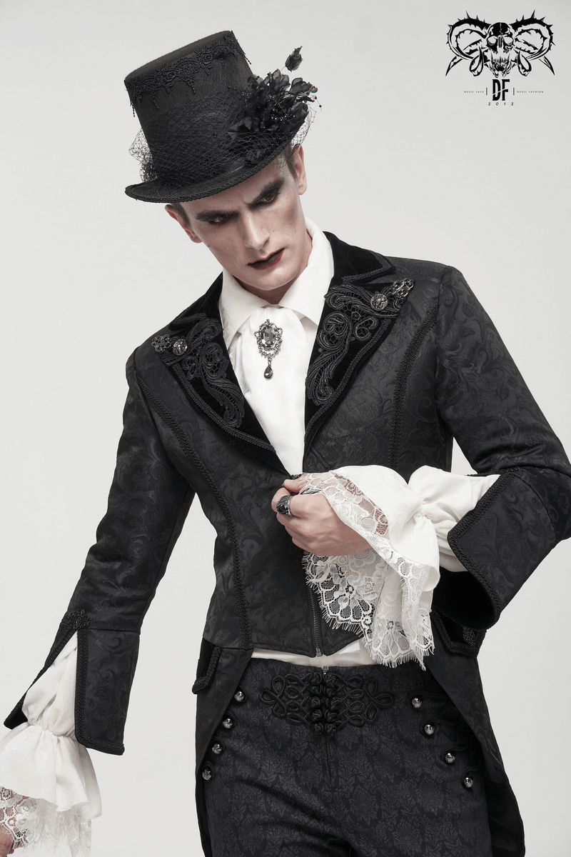 Elegant gothic style men's coat with flared sleeves and top hat, showcasing vintage black fabric and unique details.