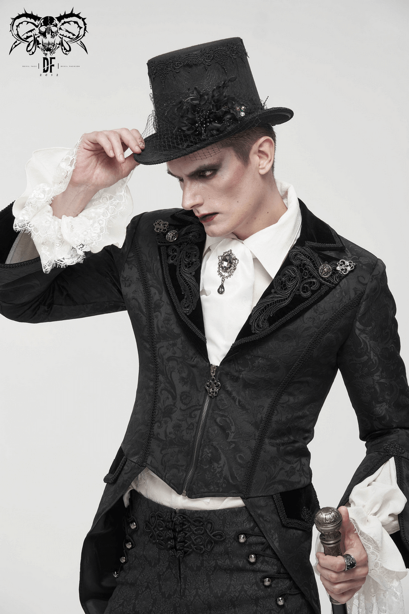 Stylish man in a gothic vintage tailcoat with flared sleeves and a top hat, exuding elegance and dark charm.