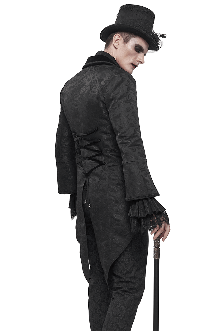 Back view of a man in a gothic black tailcoat with flared sleeves and a top hat.