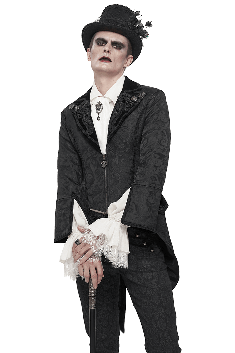 Elegant men's gothic coat with flared sleeves, paired with a top hat and striking makeup, perfect for vintage-inspired fashion.