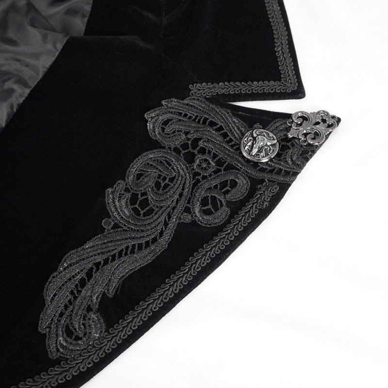 Elegant black velvet collar featuring intricate embroidery and ornate button detail for gothic style tailcoat.