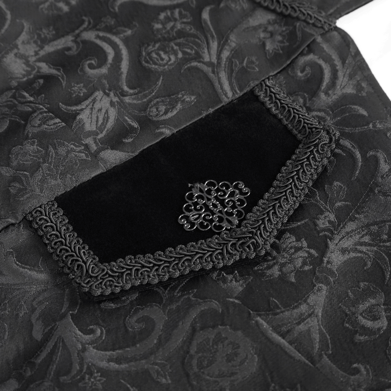 Close-up of the intricate velvet pocket on a gothic pattern black tailcoat with elegant detailing.