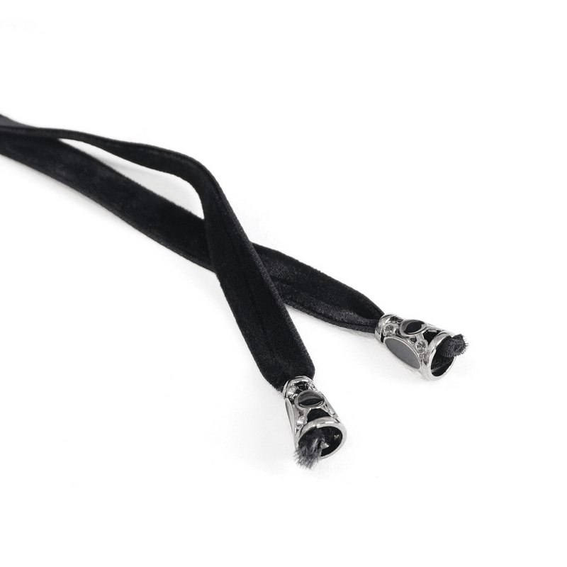 Black velvet ribbon with ornate silver tips for gothic fashion accessories.