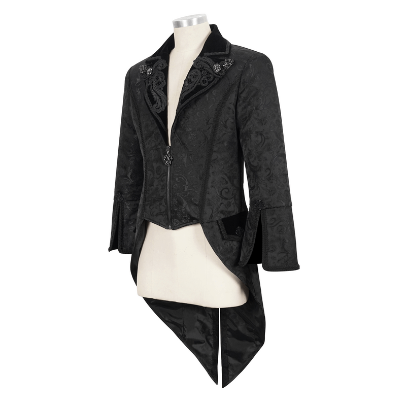 Elegant men's black gothic pattern swallowtail coat with flared sleeves and zipper detailing.