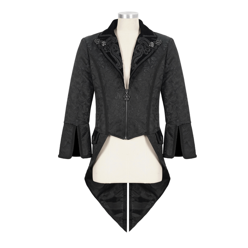 Gothic black tailcoat for men featuring flared sleeves, zipper front, and vintage pattern design. Perfect for elegant occasions.