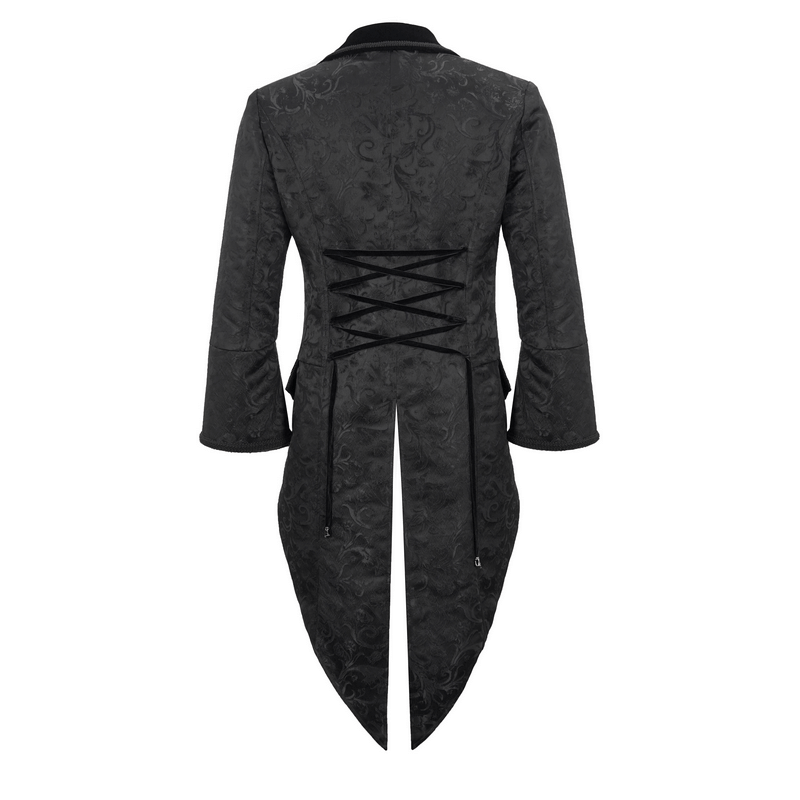 Back view of a gothic pattern black men's flared sleeve tailcoat with elegant vintage design and corset lace-up detail.
