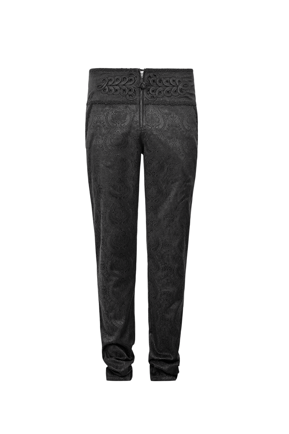 Elegant Gothic Jacquard Pants for Men with ornate peacock buttons and unique back waistband styling.
