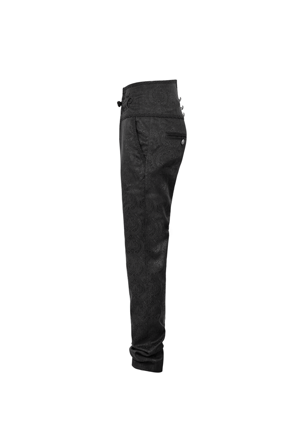 Side view of Gothic Peacock Buttons Jacquard Pants for men, showcasing elegant fabric and intricate button details.