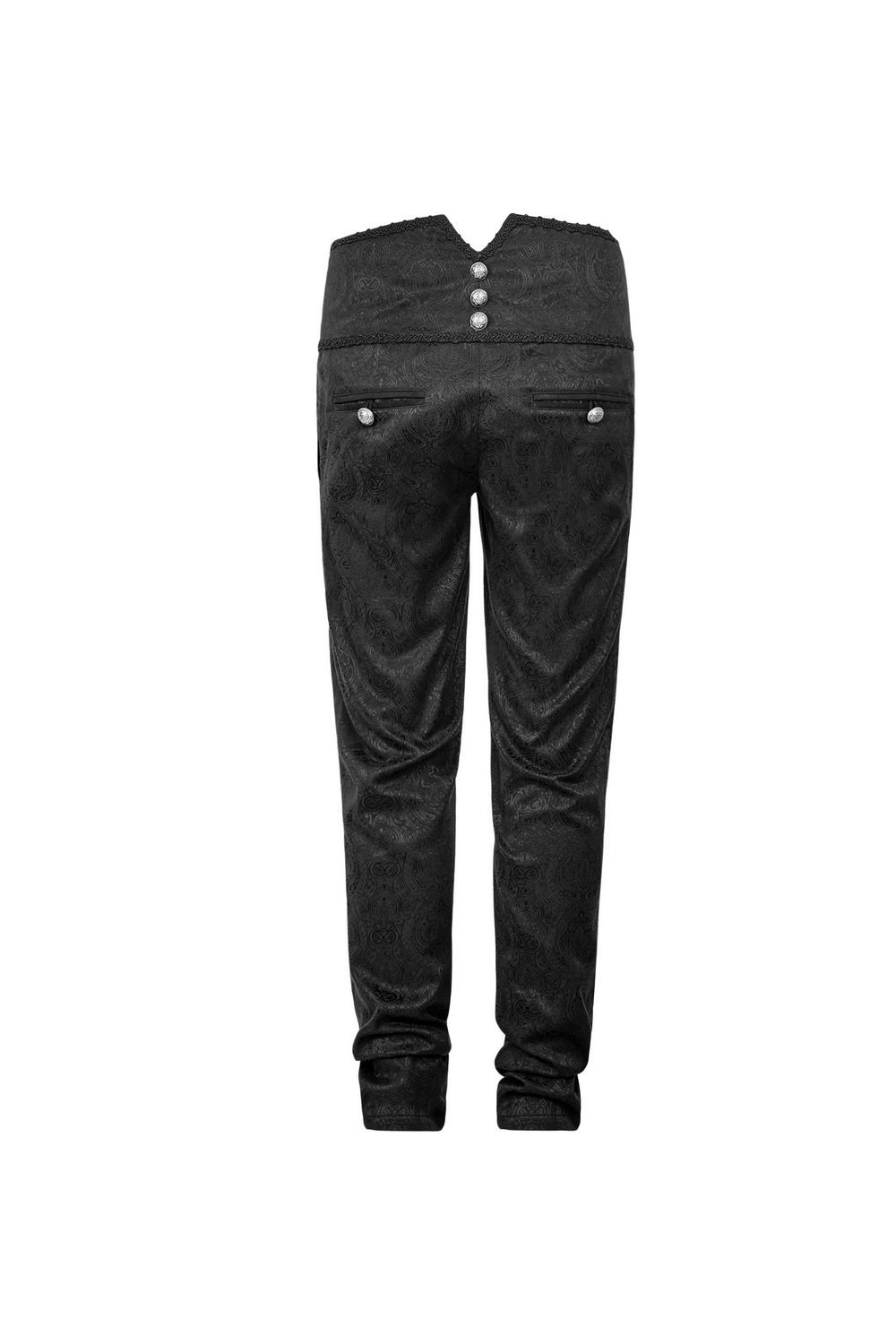 Back view of Gothic Peacock Buttons Jacquard Pants for Men, featuring ornate buttons and a stylish, fitted design.