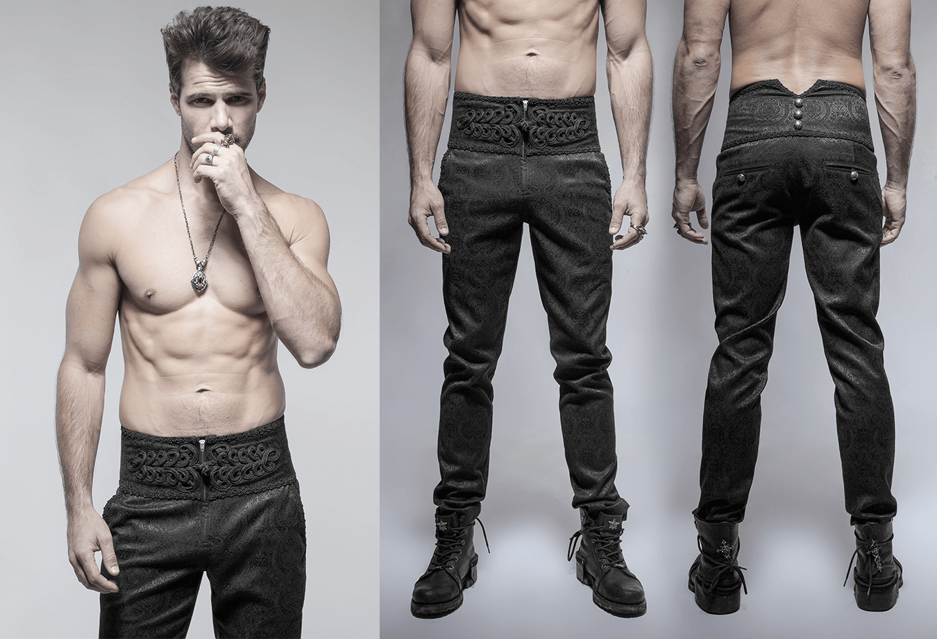 Men's Gothic Peacock Jacquard Pants featuring ornate buttons and a stylish fit from multiple angles.