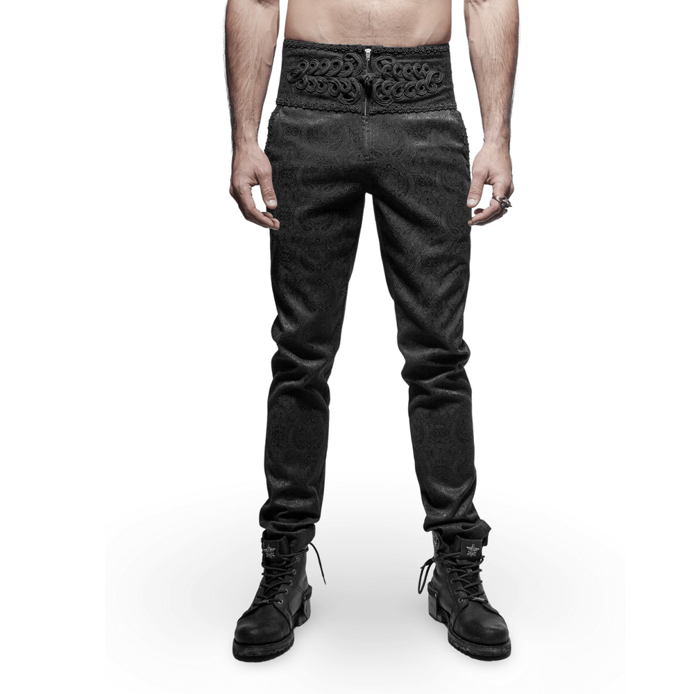 Gothic peacock buttons jacquard pants for men, featuring ornate design and snug fit, perfect for stylish occasions.