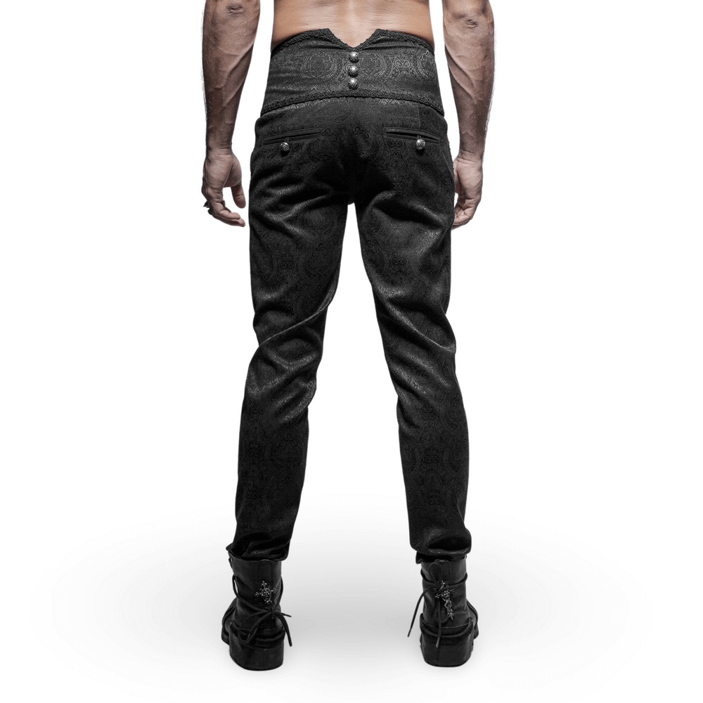 Back view of Gothic Peacock Buttons Jacquard Pants for Men featuring ornate buttons and unique waistband design.