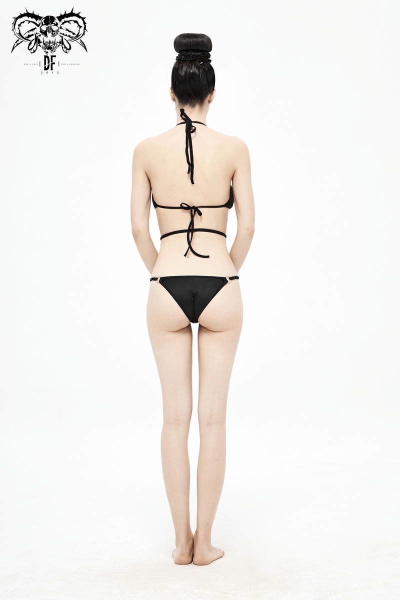 Black Gothic Pentagram Bikini Set showcasing adjustable straps and modern cut from the back view.