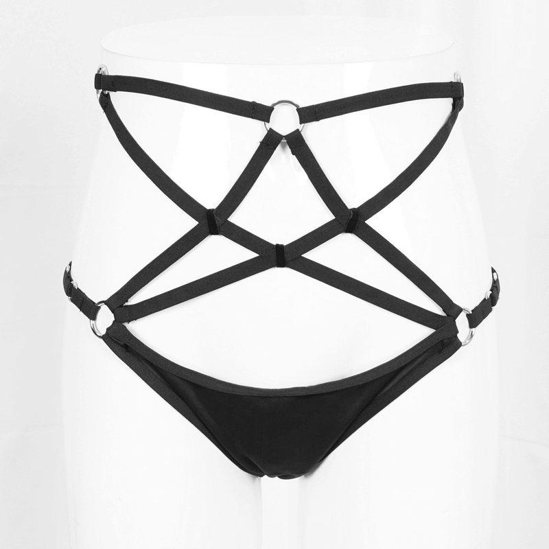 Gothic style black bikini set featuring unique pentagram design and adjustable straps for a stylish swimwear look.
