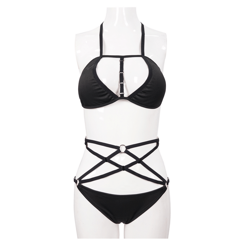 Gothic pentagram design black bikini set with adjustable straps and modern cut for stylish beach looks.