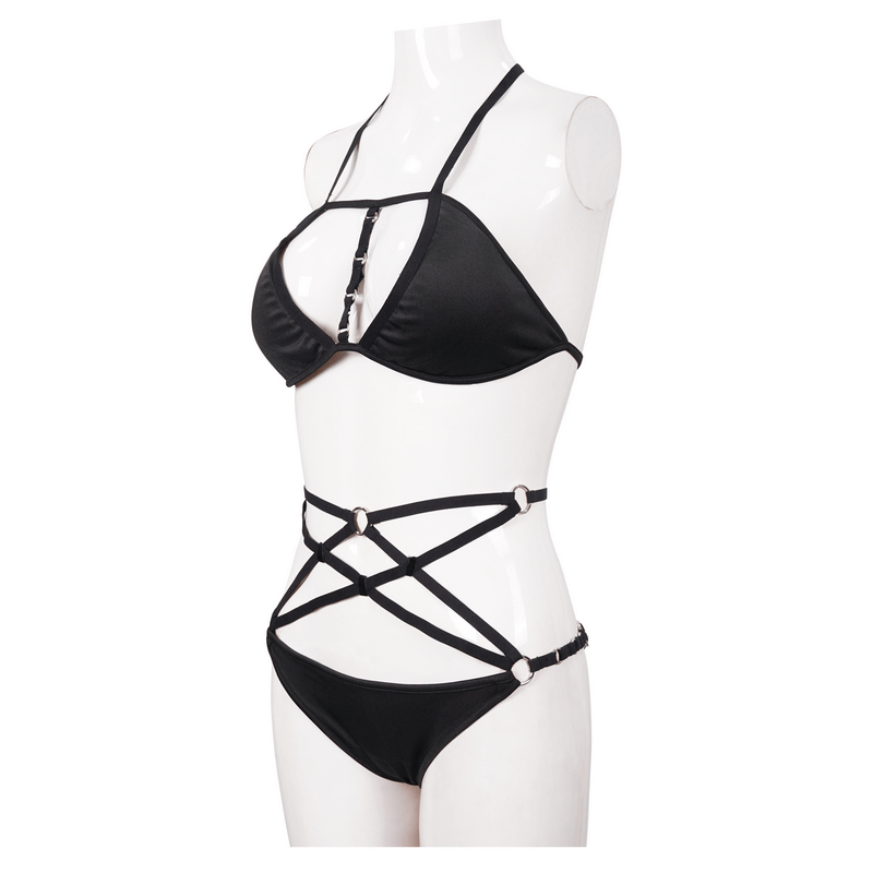 Gothic black bikini with pentagram design and adjustable straps for women, featuring a stylish cut and modern design.