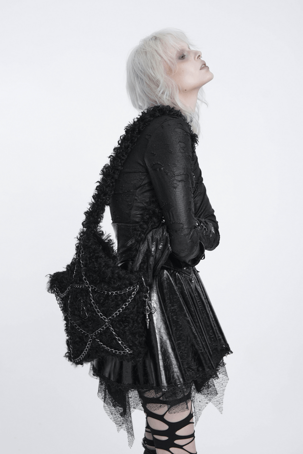 Gothic Pentagram Faux Fur Shoulder Bag with Chains