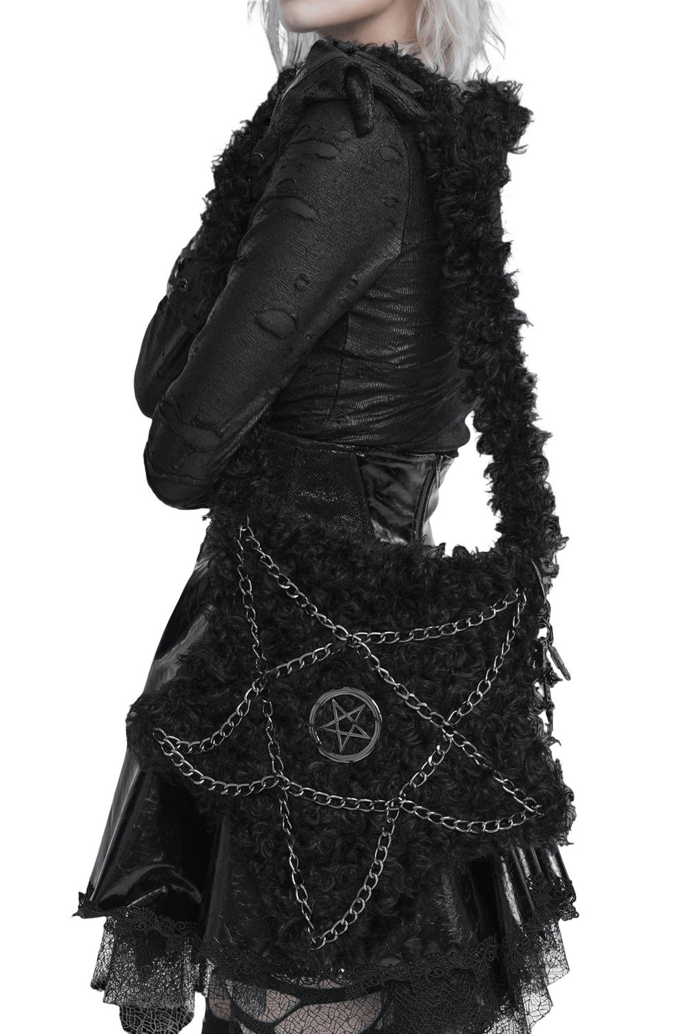 Gothic Pentagram Faux Fur Shoulder Bag with Chains
