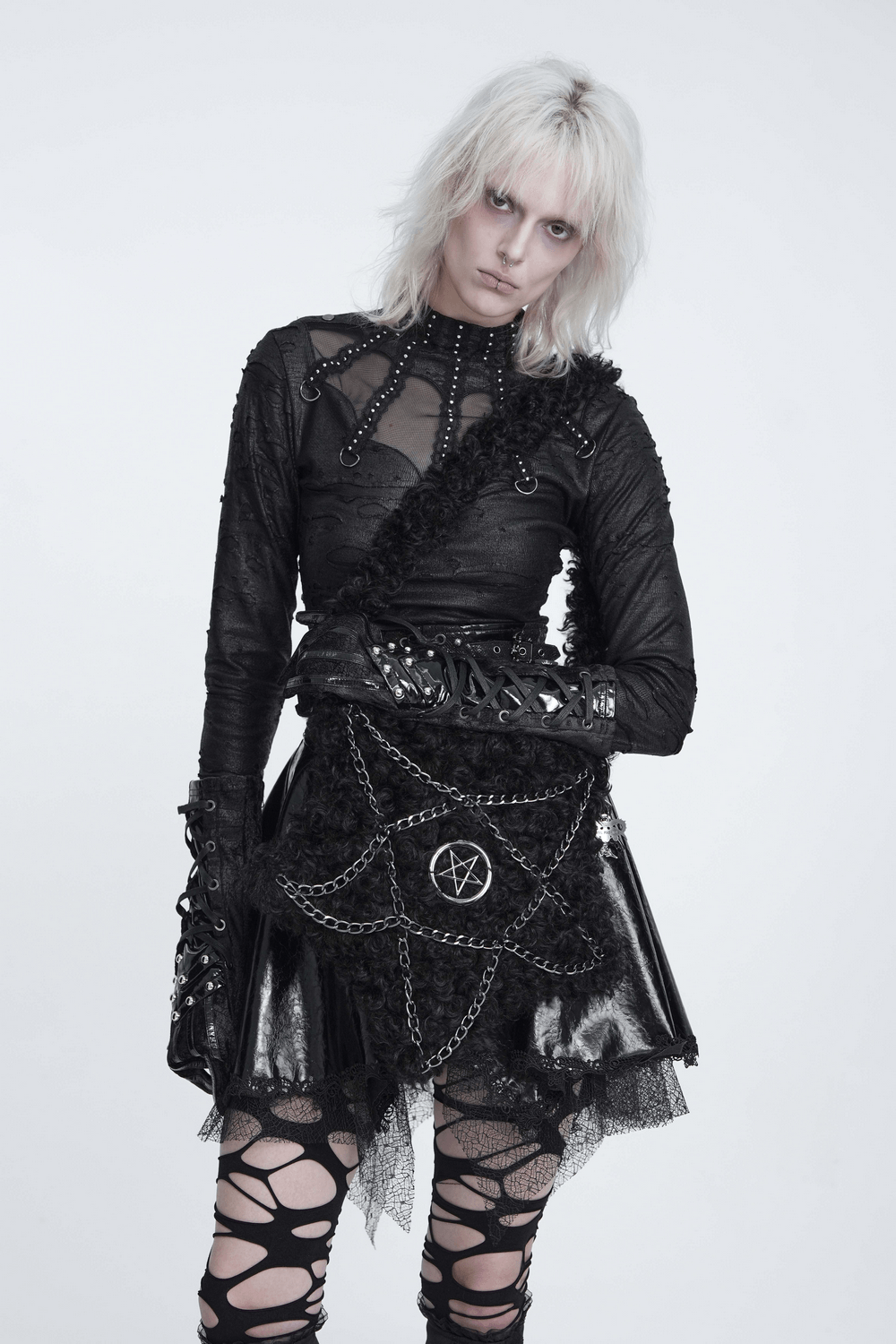 Gothic Pentagram Faux Fur Shoulder Bag with Chains