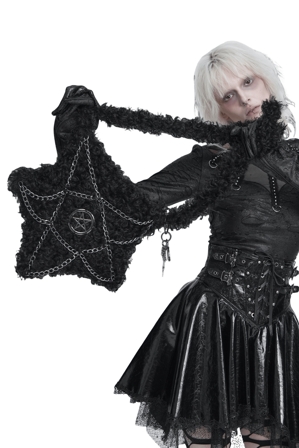 Gothic Pentagram Faux Fur Shoulder Bag with Chains