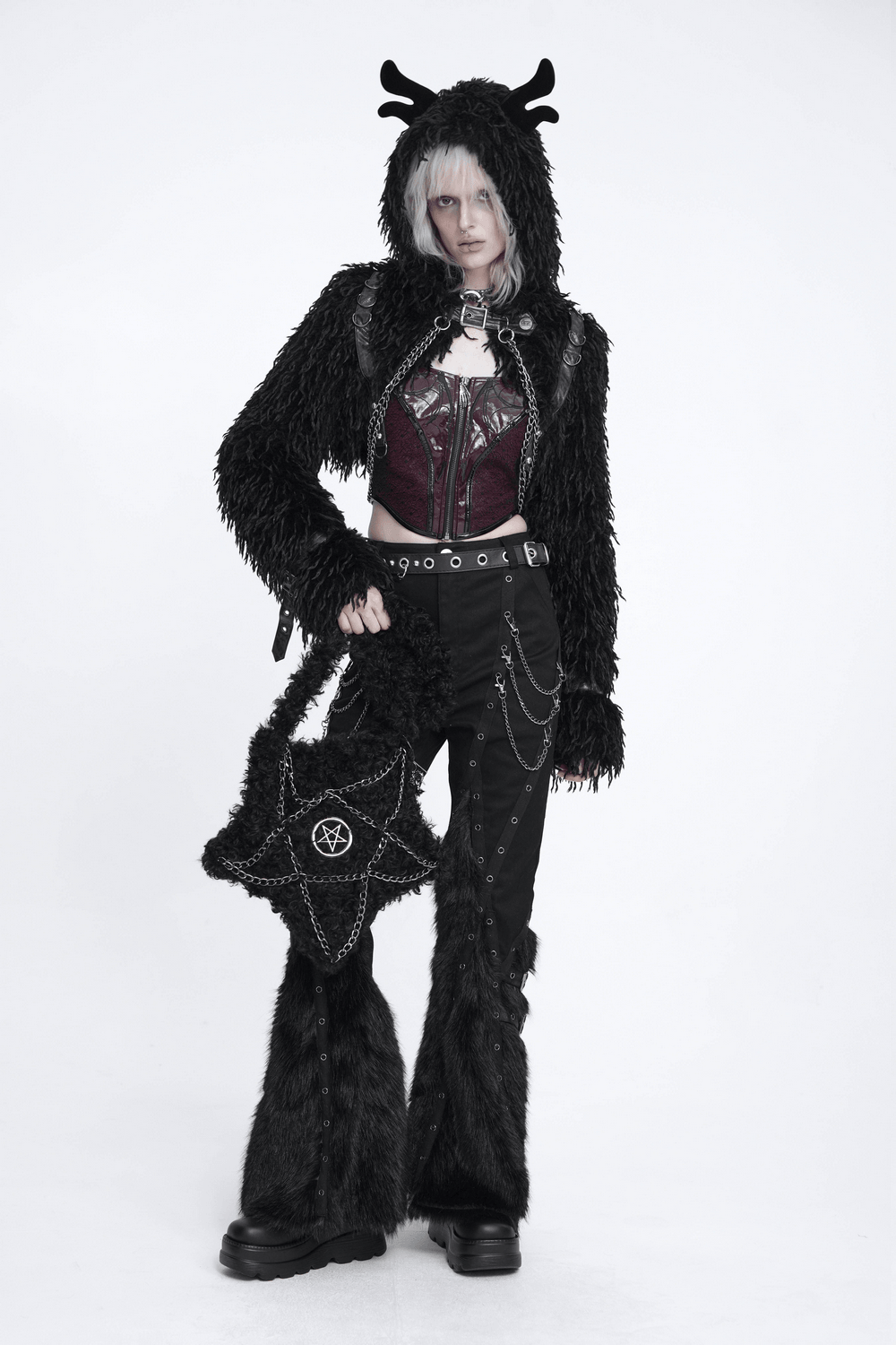 Gothic Pentagram Faux Fur Shoulder Bag with Chains