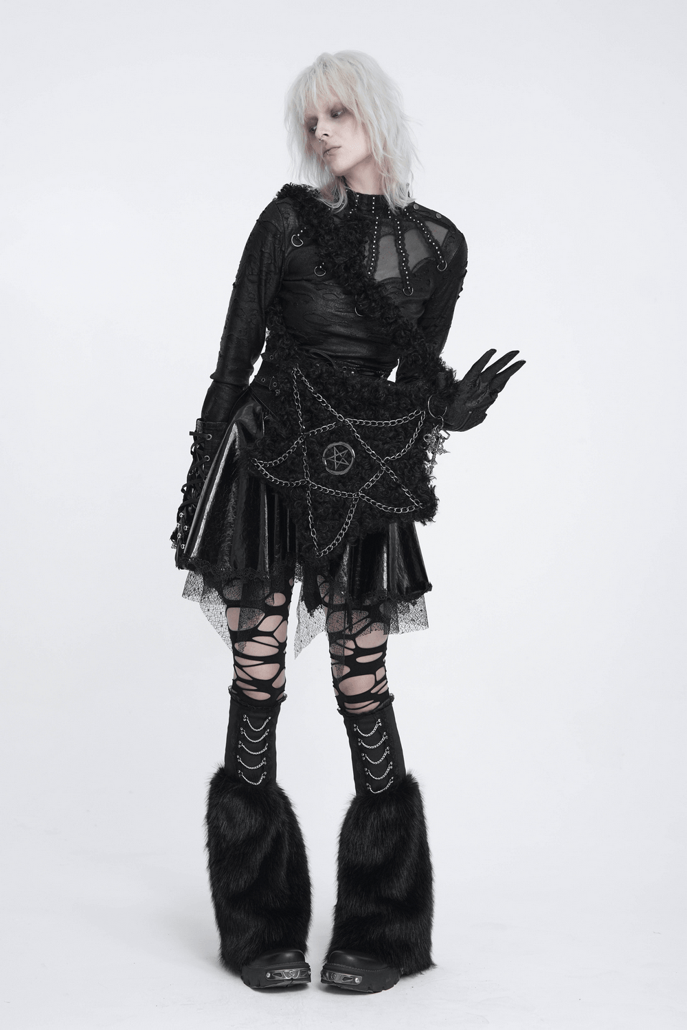 Gothic Pentagram Faux Fur Shoulder Bag with Chains