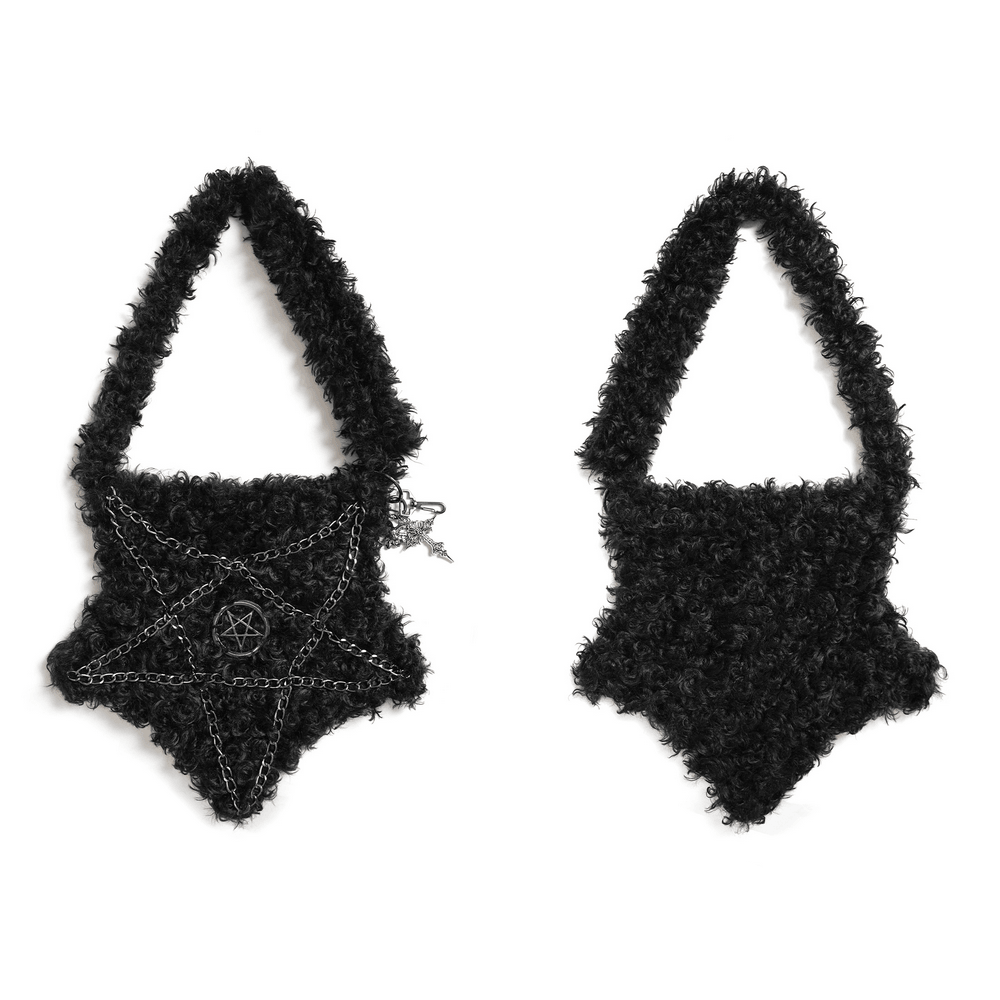Gothic Pentagram Faux Fur Shoulder Bag with Chains