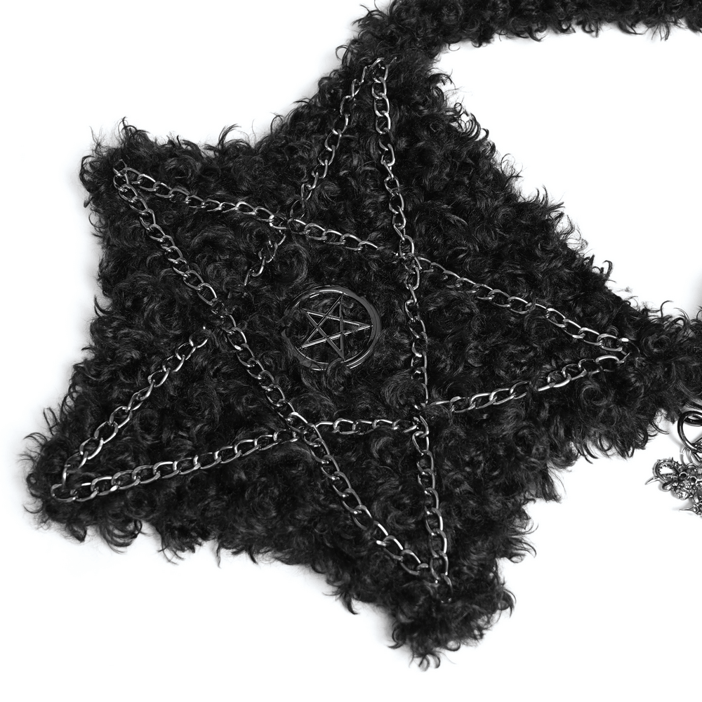 Gothic Pentagram Faux Fur Shoulder Bag with Chains