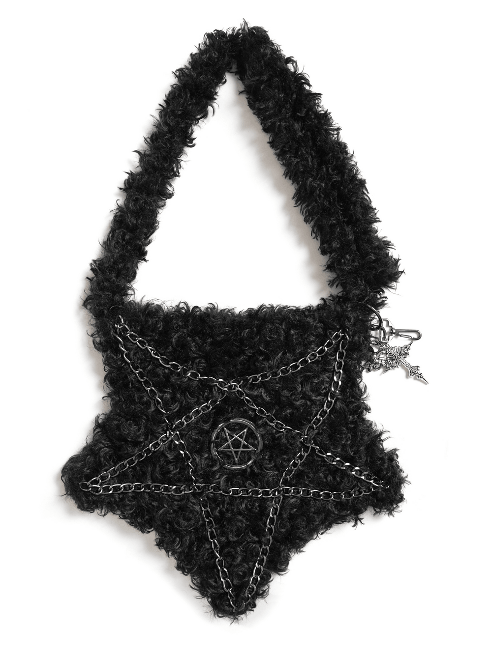 Gothic Pentagram Faux Fur Shoulder Bag with Chains